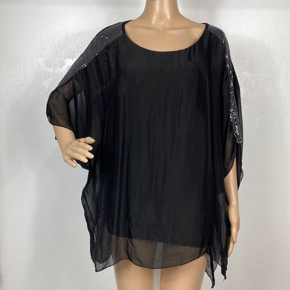 LOLA Italian Black Beaded Sheer Half Length Sleeves Top Blouse - Picture 1 of 8